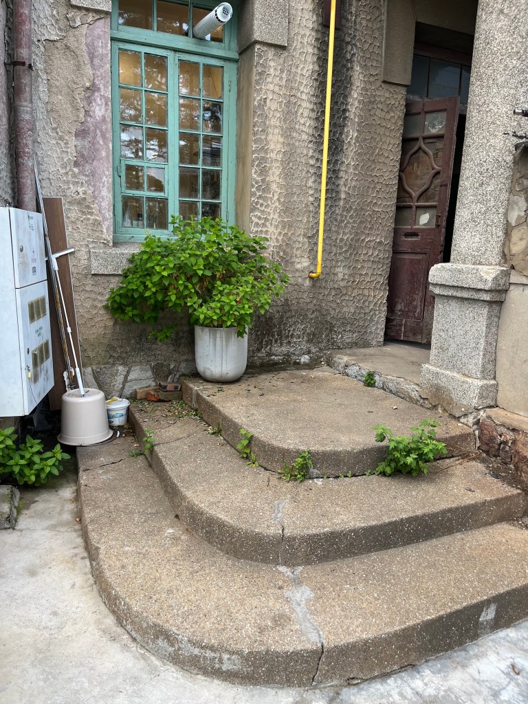 古い建物の外観、緑の窓枠の窓が特徴で、植物が入った鉢が階段に置かれている。階段はコンクリートで構成され、苔が生えている部分もある。